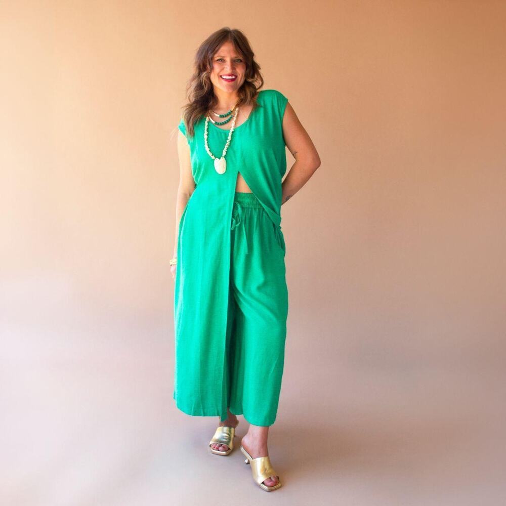 Kale Green Matching Set | Split Front Tunic + Elastic Waist Pants | Boho Lounge